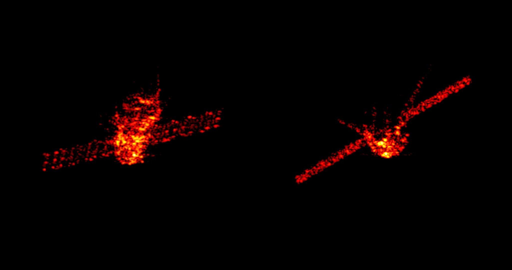 It's not on fire. This is the <em>Tiangong-1</em> space station rendered in two radar images by the Fraunhofer Institute for High Frequency Physics and Radar Techniques.