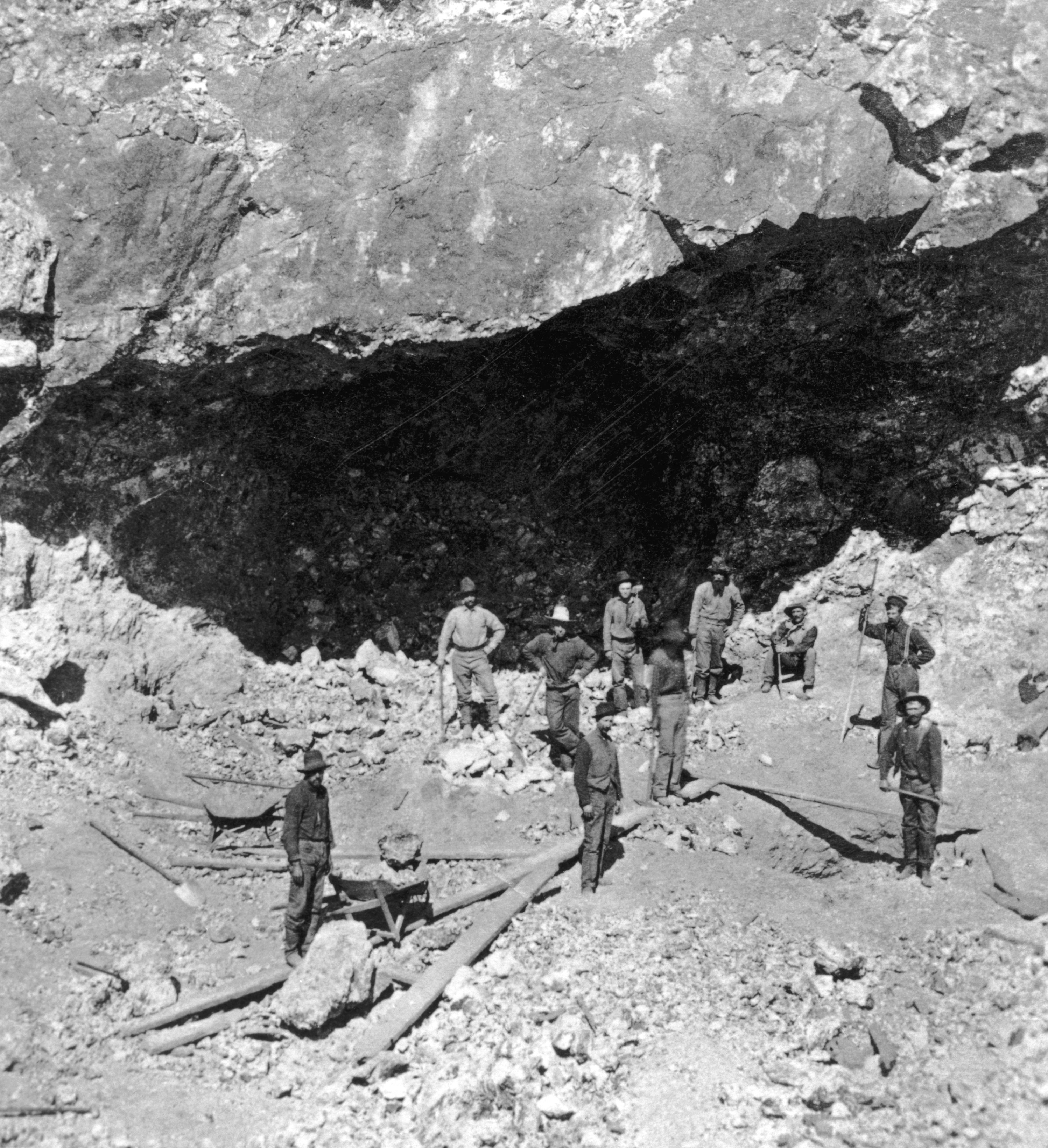 Miners in front of the Racine Boy Mine near Silver Cliff, Colorado, in the mid-19th century. 