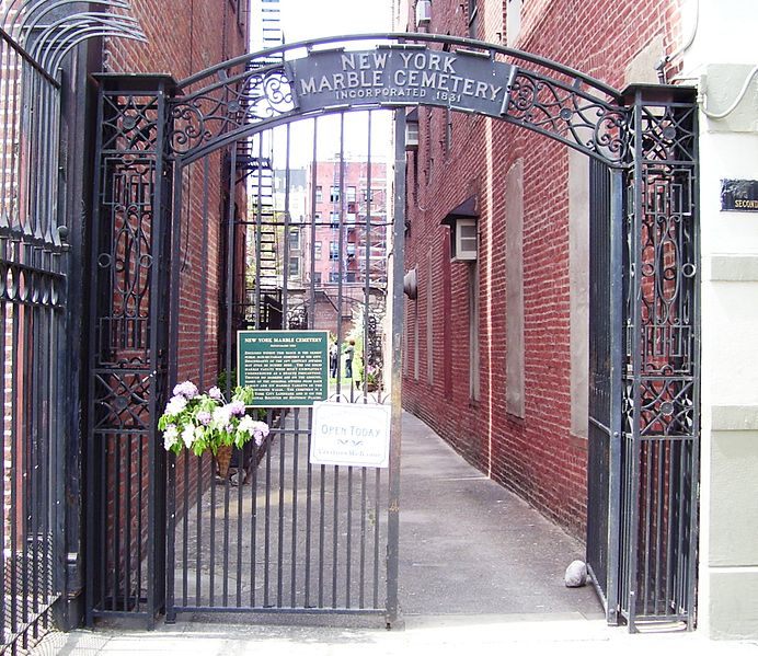The New York Marble Cemetery, with its entrance at 41 Second Avenue between 2nd and 3rd Streets in the East Village neighborhood of Manhattan,