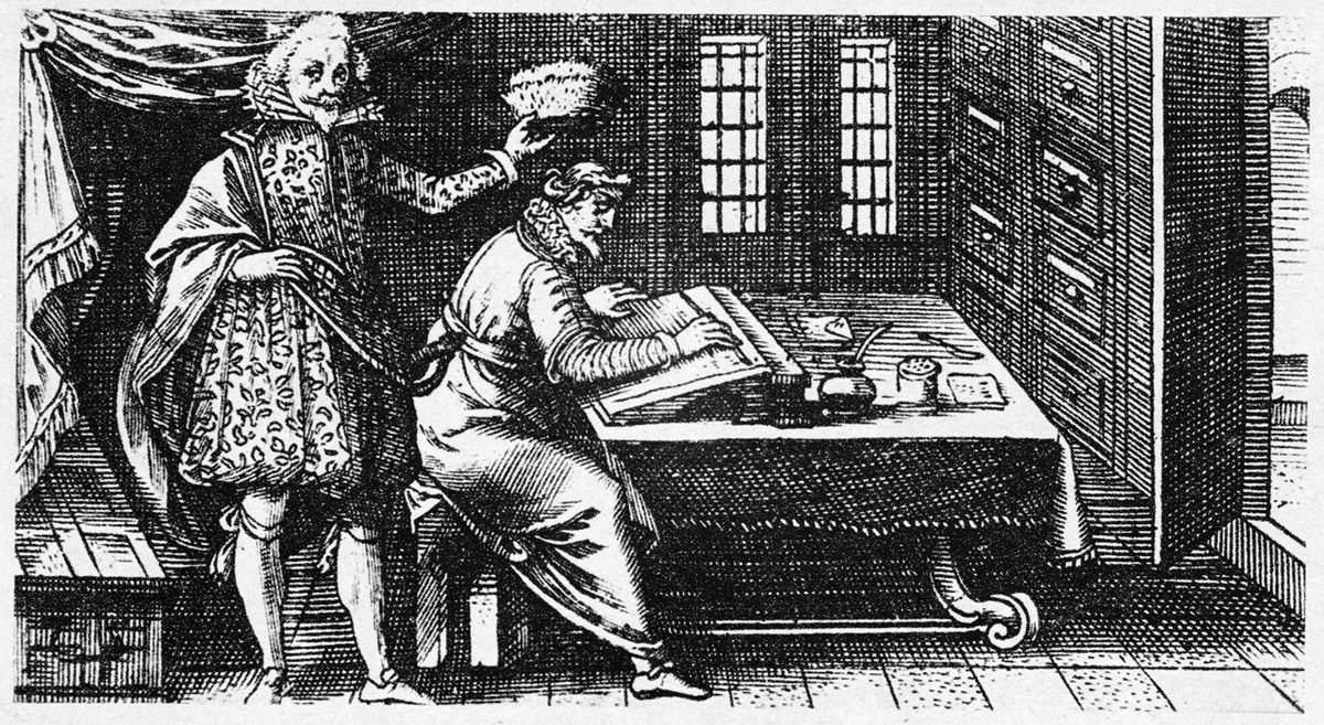 An allegorical engraving, from 1941, illustrating William Shakespeare doffing his "cap of maintenance" in honor of Francis Bacon, who some believe was the true author of the Bard's works.