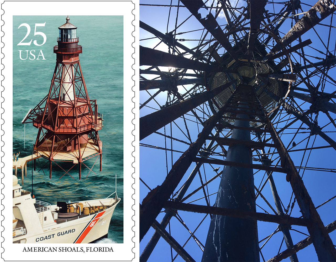 Left: American Shoal is known as the loneliest of the reef lights, ignored by divers and snorkelers. But it's also the most widely viewed, thanks to this 1990 postage stamp (complete with an incorrectly pluralized name). Right: On the deck of Sombrero Key, looking up.