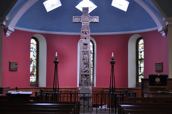 The south face of the Ruthwell Cross in the apse.