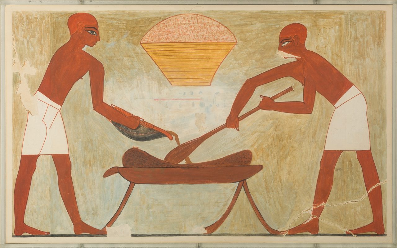 Two workers blend a tiger nut mixture for cakes in this painting from the tomb of a vizier. 