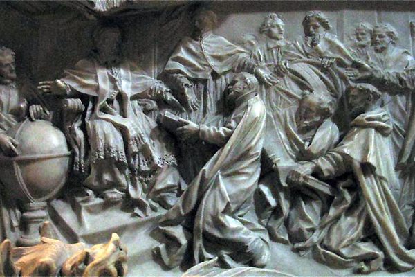 A detail on Pope Gregory XIII's tomb, carved by Camillo Rusconi, shows the Pope being presented with a plan for what would become the Gregorian Calendar.