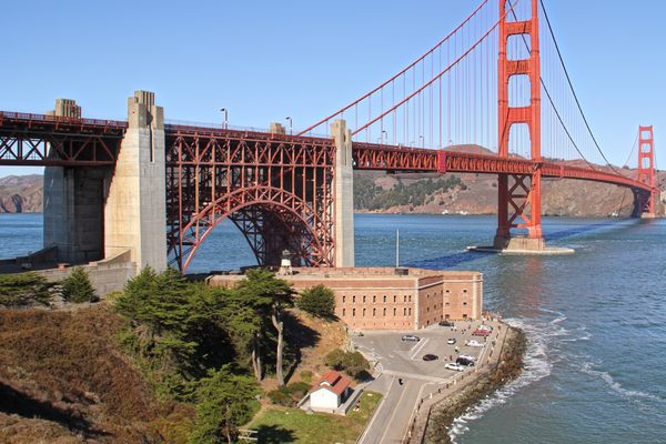 Golden Gate Bridge with Fort Point below