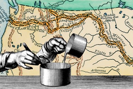 A map of the route taken by Meriwether Lewis and William Clark on their 1804-1806 expedition and an antique illustration of soup preparation from Le livre de cuisine (Paris, 1874).