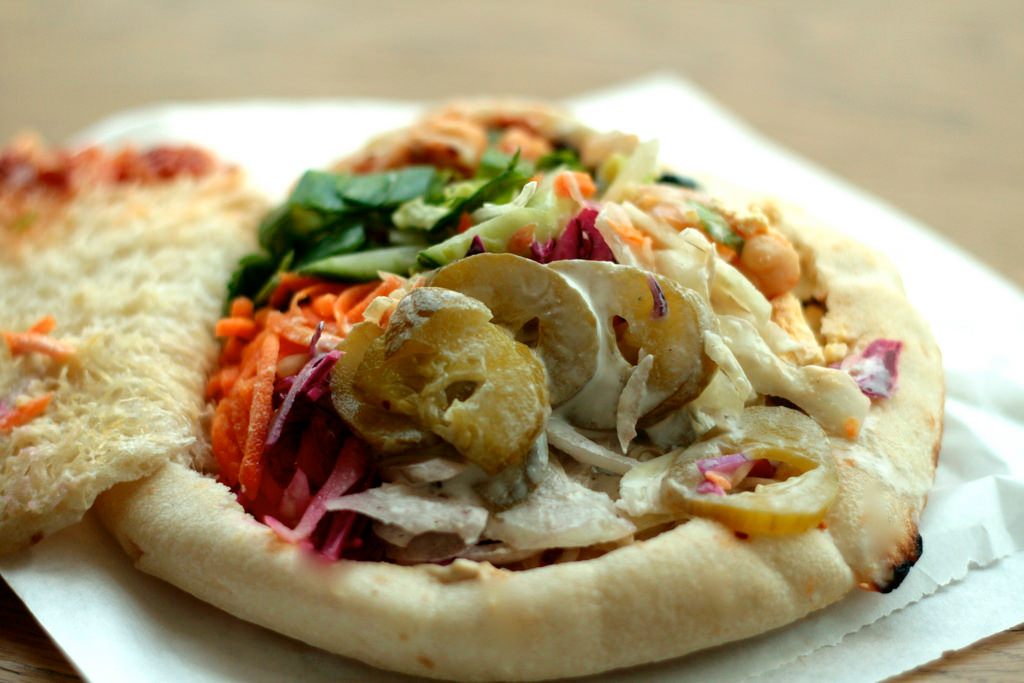 A contemporary version of sabich—stuffed pita bread.