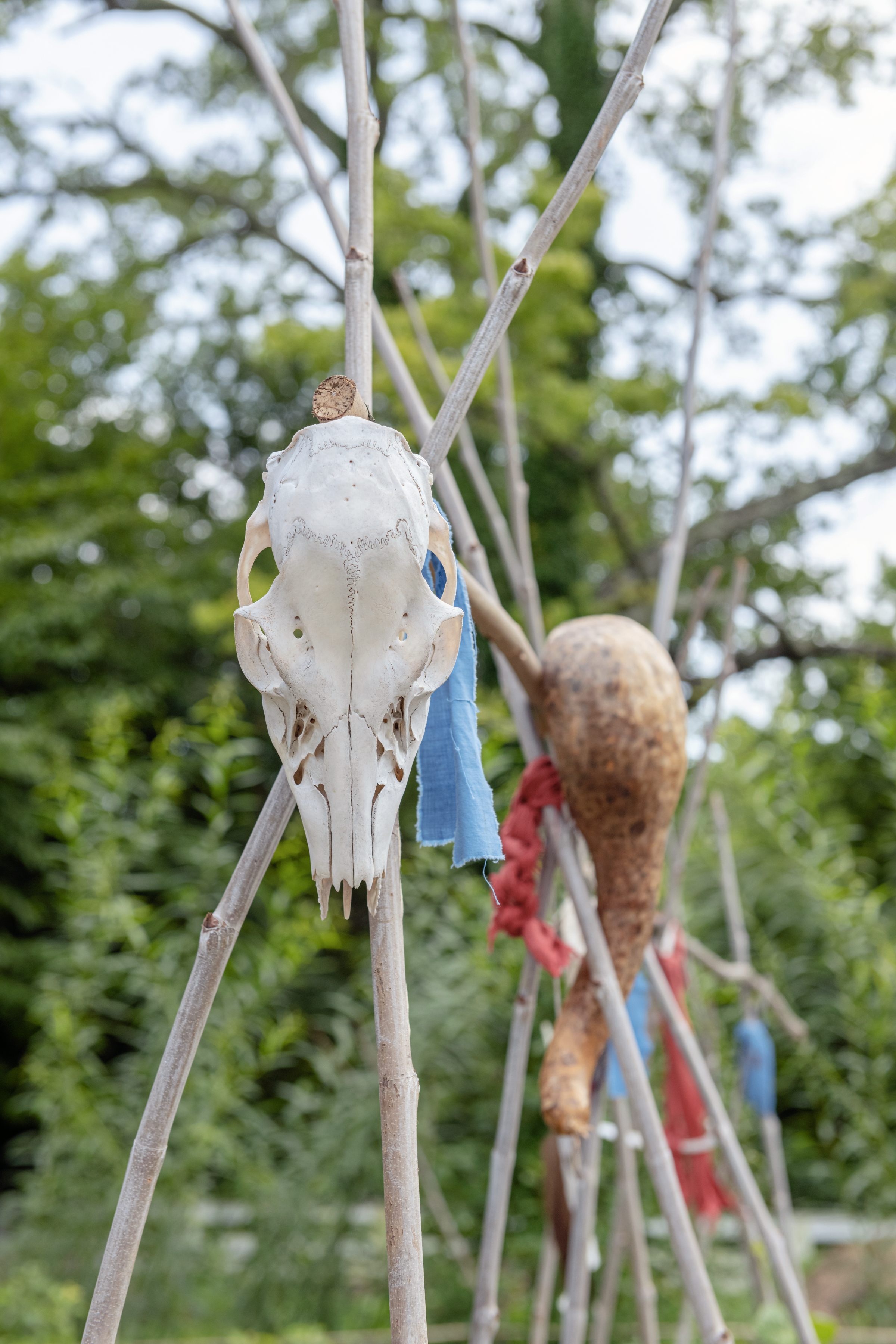 A bean trellis in the Sankofa Heritage Garden, which includes cultural and spiritual objects in addition to historically appropriate plants.