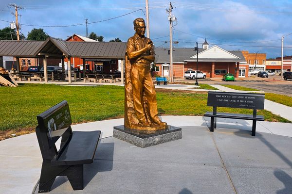 A statue of famed numismatist Chet Krause in his hometown of Iola, Wisconsin.