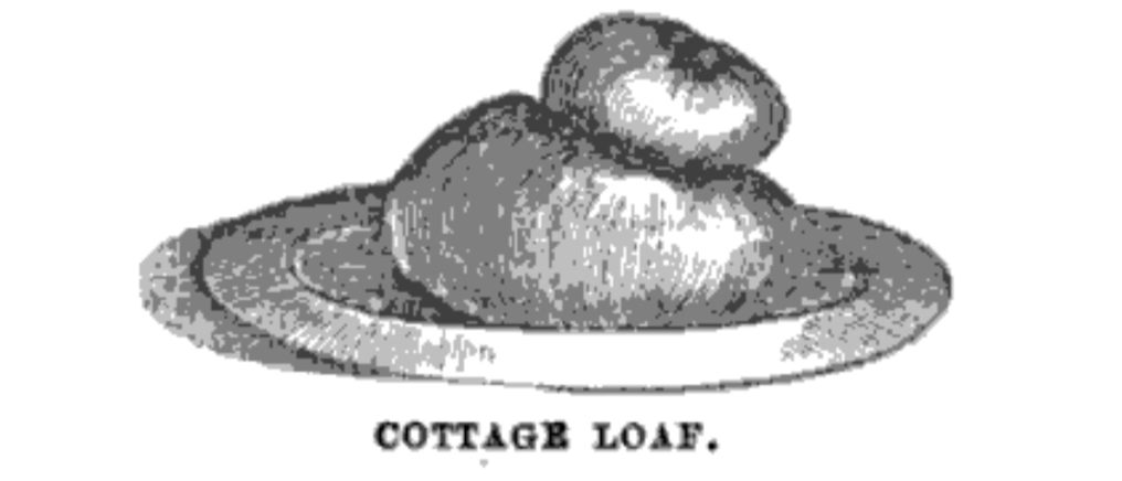 An 1865 illustration of a double-layered cottage loaf, top layer slightly leaning to the side.