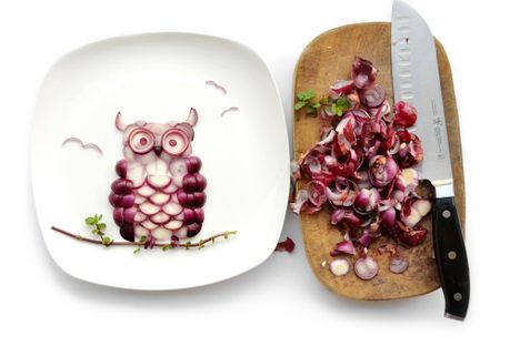 Creating this "Owlnion" from shallots and mint leaves brought the artist to tears—the result of chopping raw onion.