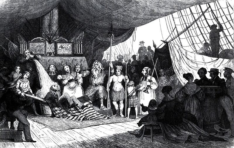 An illustration of an 1816 line-crossing ceremony aboard the frigate Méduse