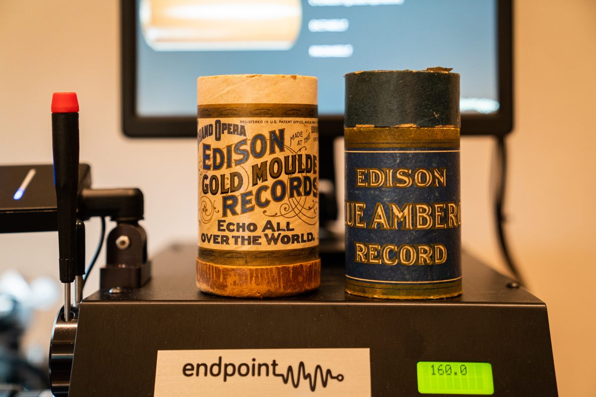 Thomas Edison's Blue Amberol Records manufactured wax cylinders in the U.S. from 1912 to 1929. Here two cylinders rest atop Nicholas Bergh's Endpoint Audio Labs cylinder playback machine.
