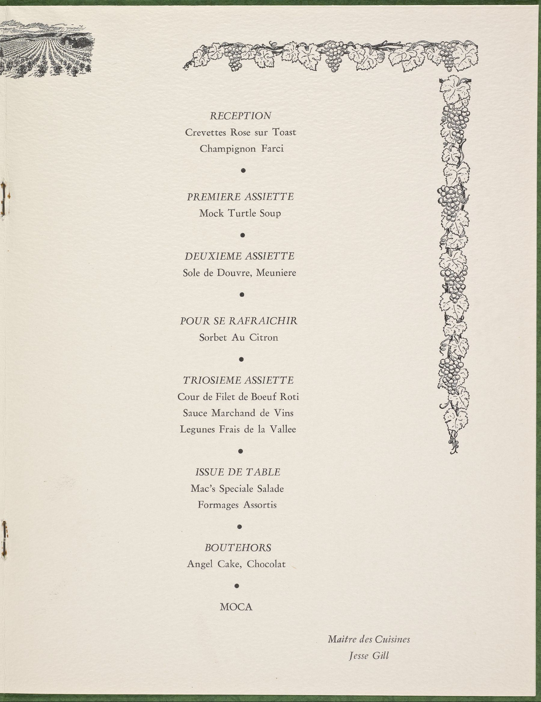 Menu from Fort Worth's Carriage House, featuring mock turtle soup as an appetizer, 1965.