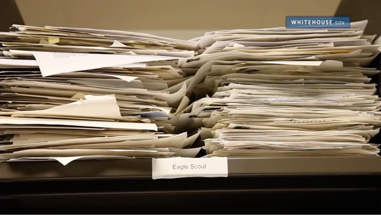 A pile of Eagle Scout greeting requests in the Office of Correspondence, circa 2014.