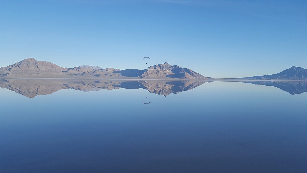 Inch deep water across the Bonneville Salt Flats after a recent rain. 