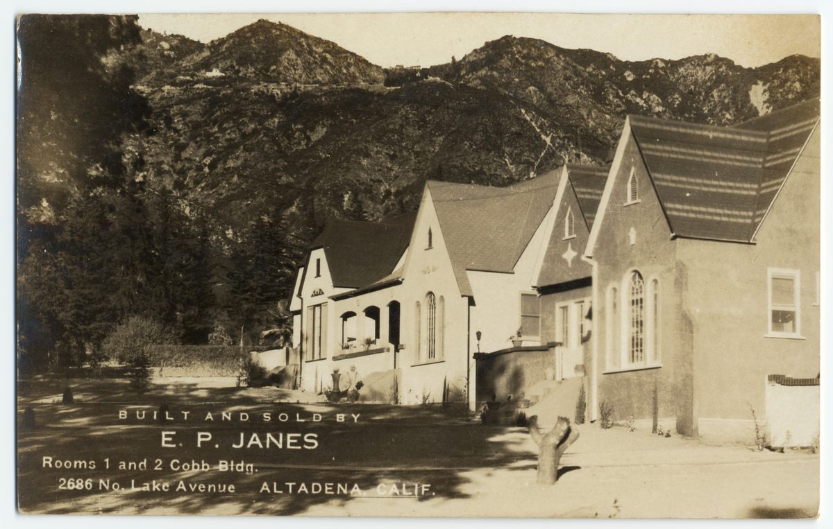 A photograph circa 1925 - 1926 shows Janes Village housing located on Lake Avenue with San Gabriel Mountains in the distance.