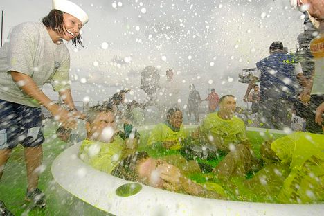  U.S. Sailors and Marines participate in a crossing the line ceremony aboard USS Blue Ridge (LCC 19) as the ship passes the equator May 16, 2008. 