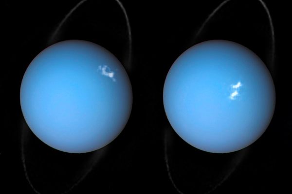 A composite image of auroras on Uranus, using images from Voyager 2 and the Hubble Space Telescope.