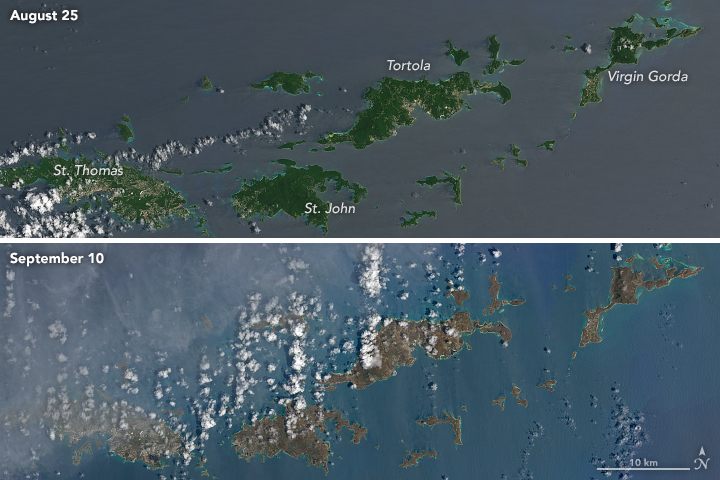 A satellite comparison showing the impact of Hurricane Irma in the Caribbean. The Humanitarian OpenStreetMap (HOT) is working on mapping natural disasters.
