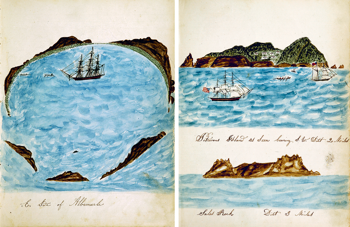 Paintings from the journal of Susan Veeder, including Albemarle Islands, now Isabela, in the Galápagos (left), and Pitcairn Island, where the crew visited the house of <em>Bounty</em> mutineer Fletcher Christian (right).