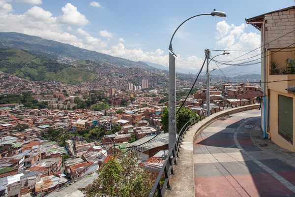 A view of Medellín, Colombia, from a landing on the public escalator that climbs into the Comuna 13 neighborhood. 