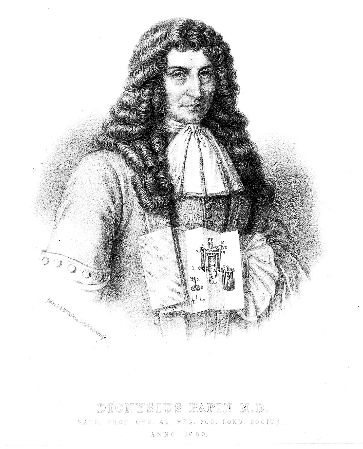A portrait of Papin holding his diagram of the steam engine with piston.