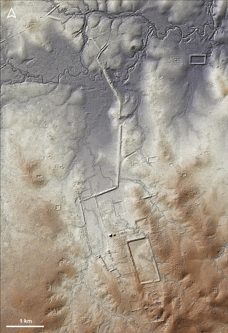 A lidar image of Koh Ker showing he long embankment at rented, and Prasat Thom directly below it.