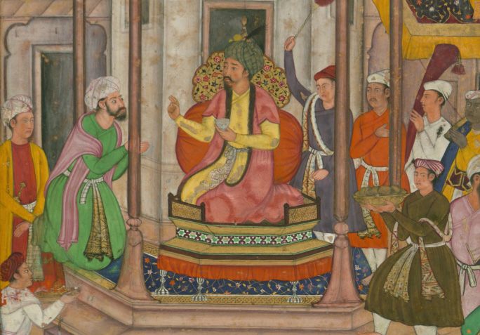 <em>Babur Being Entertained in Ghazni</em>, from the
<em>Baburnama</em>, the memoirs of Ẓahīr al-din Muhammad.