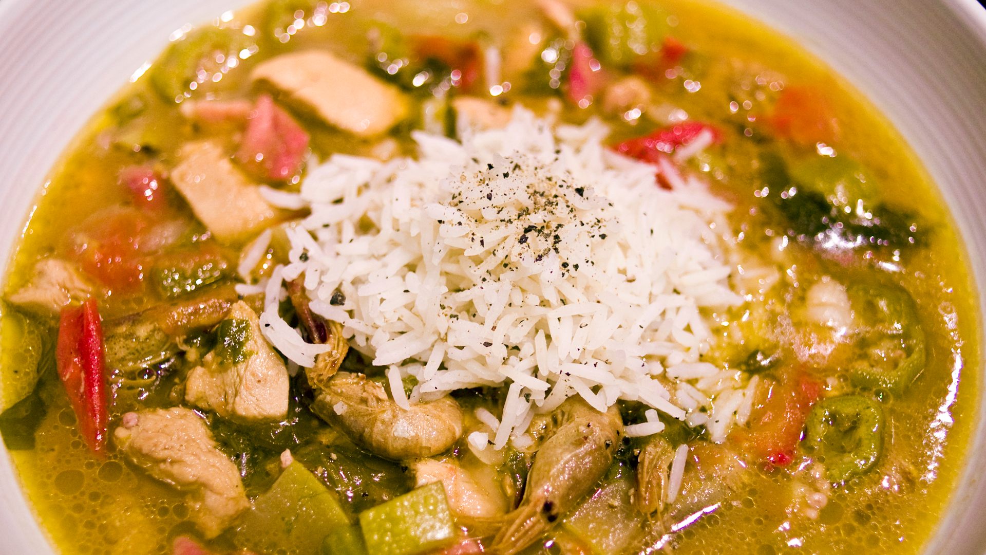 A heaping helping of okra gumbo in the present day.
