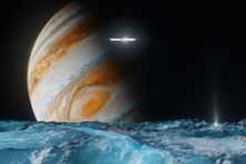 An artist’s rendering of NASA’s Europa Clipper passing over the ice-covered moon Europa as it orbits Jupiter. The spacecraft is scheduled to reach Jupiter in 2030.
