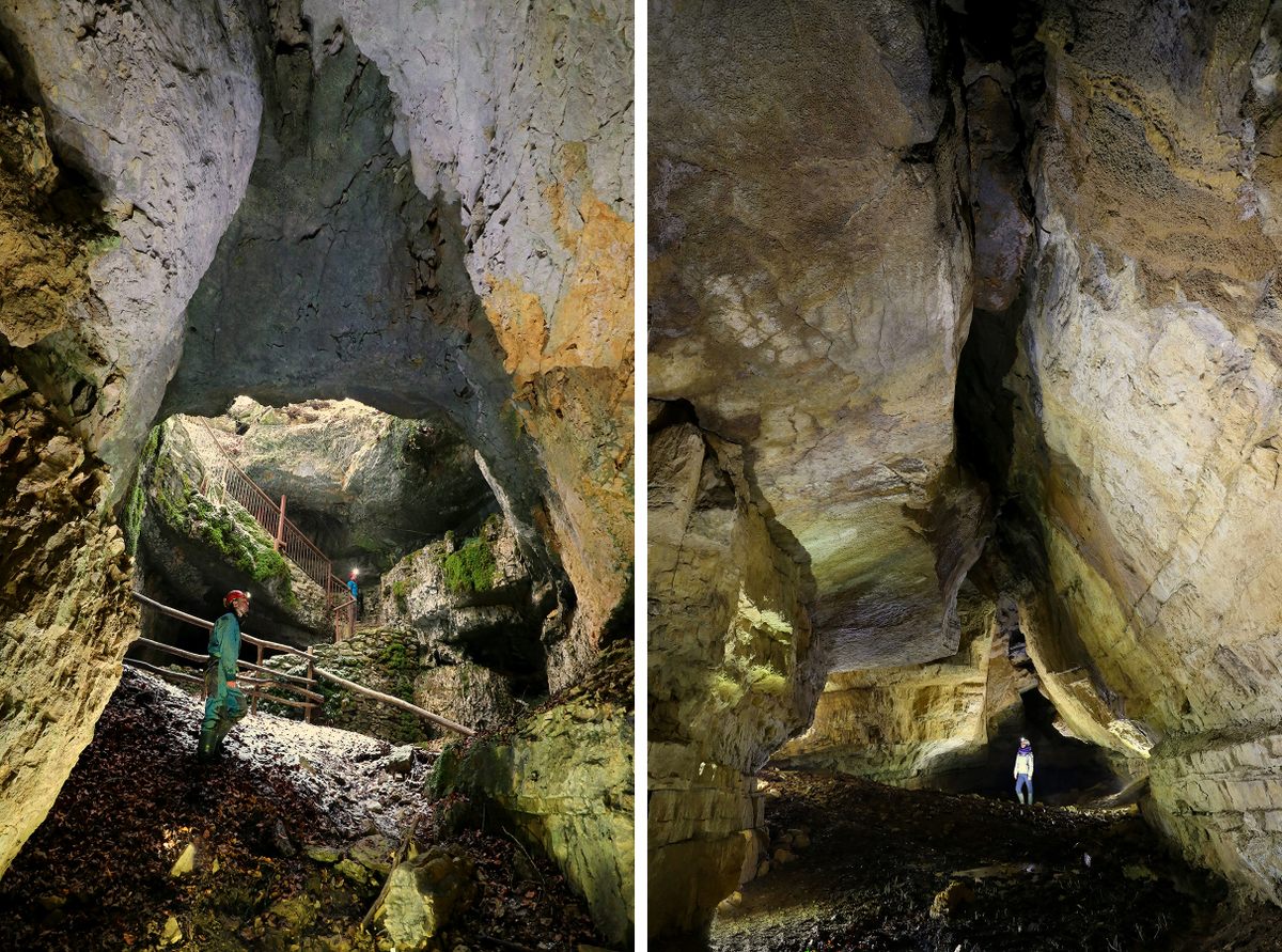 Staircase (left) leading into Bùs del Budrio (right) in Cariadeghe, northern Italy.