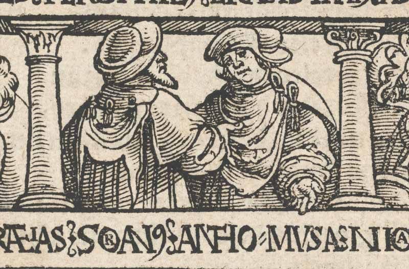 Detail of a Woodcut depicting ancient herbalists Soranus and Antonius Musa.