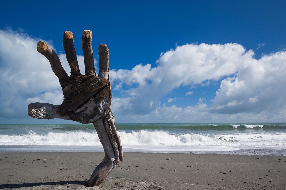 A driftwood hand built by Donald Buglass in 2016, titled "Last Wave."