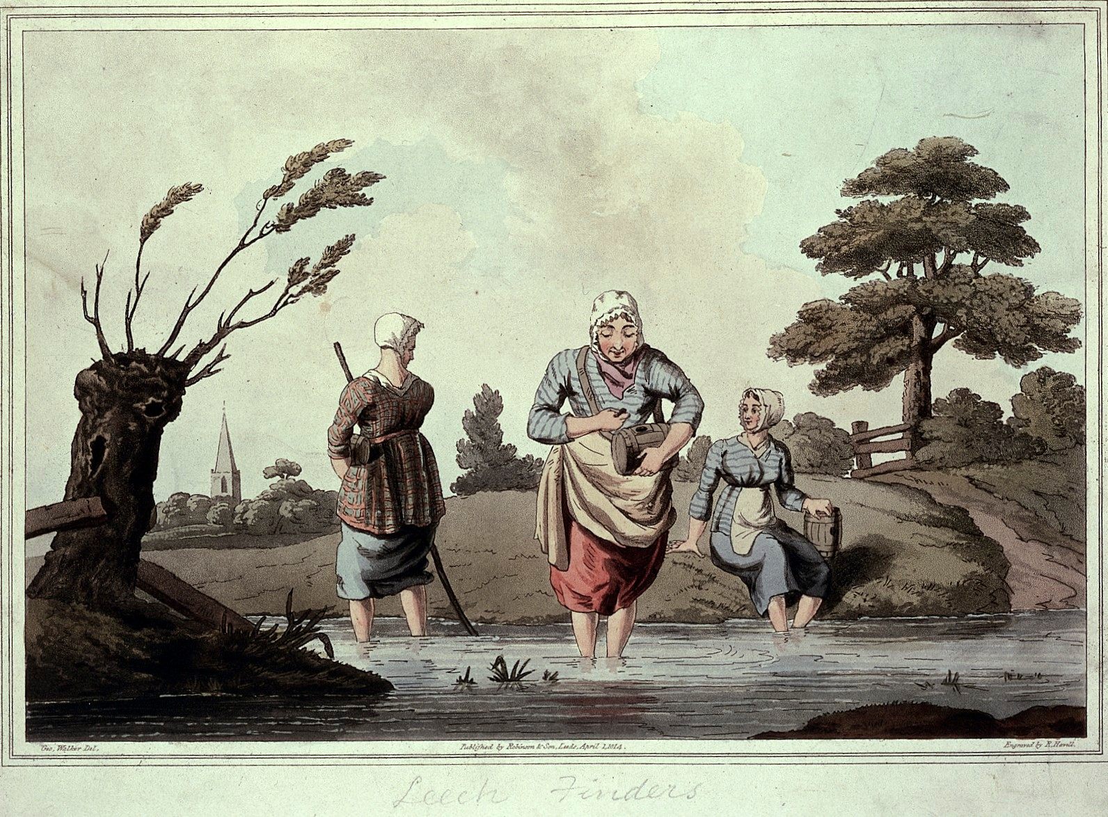 An aquatint depicting three leech fishers using their legs as bait.