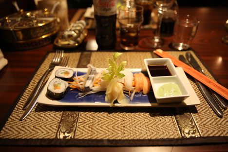 The sushi selection at Charoen Porn includes mattak (whale skin).