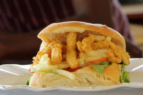 A Gatsby piled high with calamari and chips.