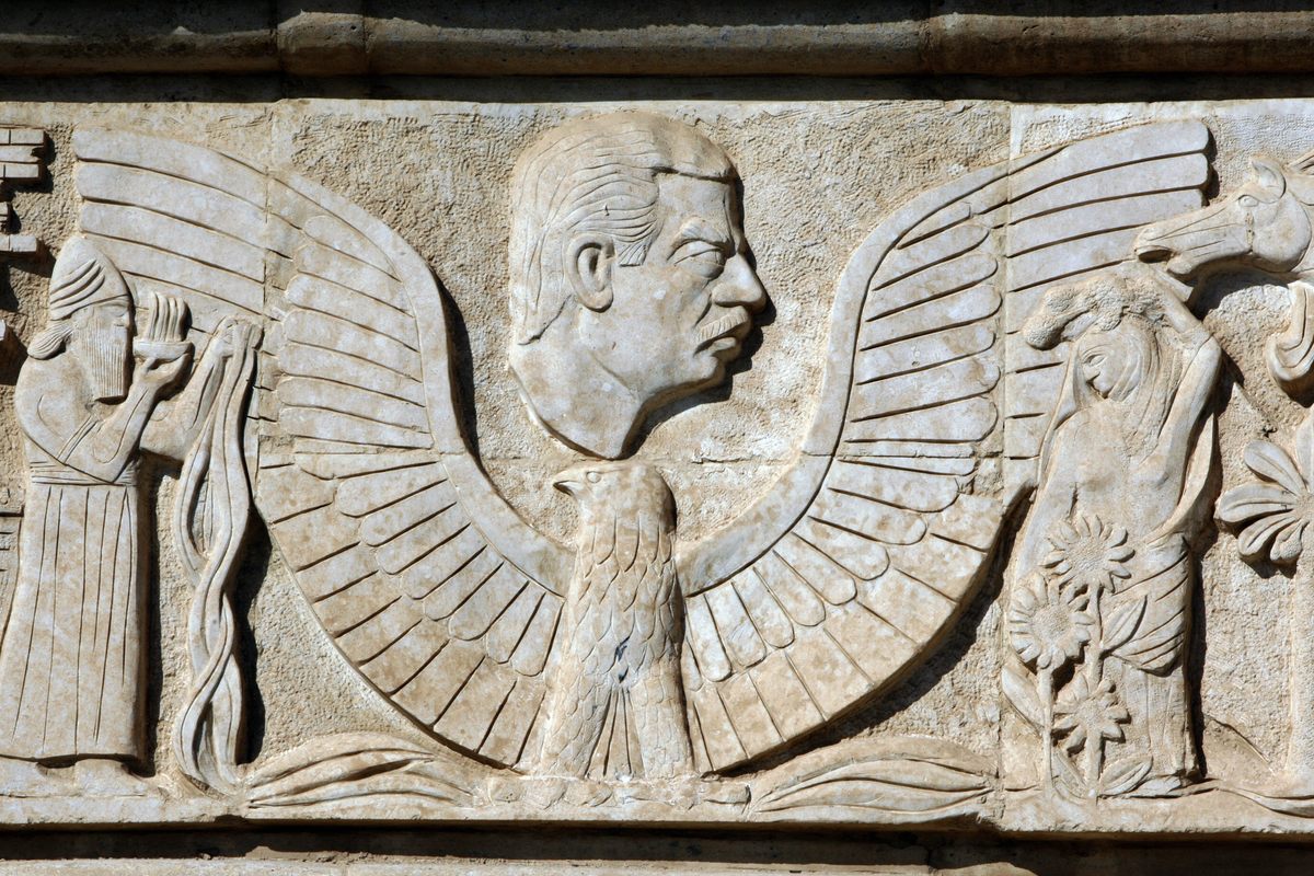 To fuel support for his war with Iran, Saddam turned increasingly turned to grand nationalist building projects like Babylon. Here, his face appears in a relief that imitates the style of ancient artworks.