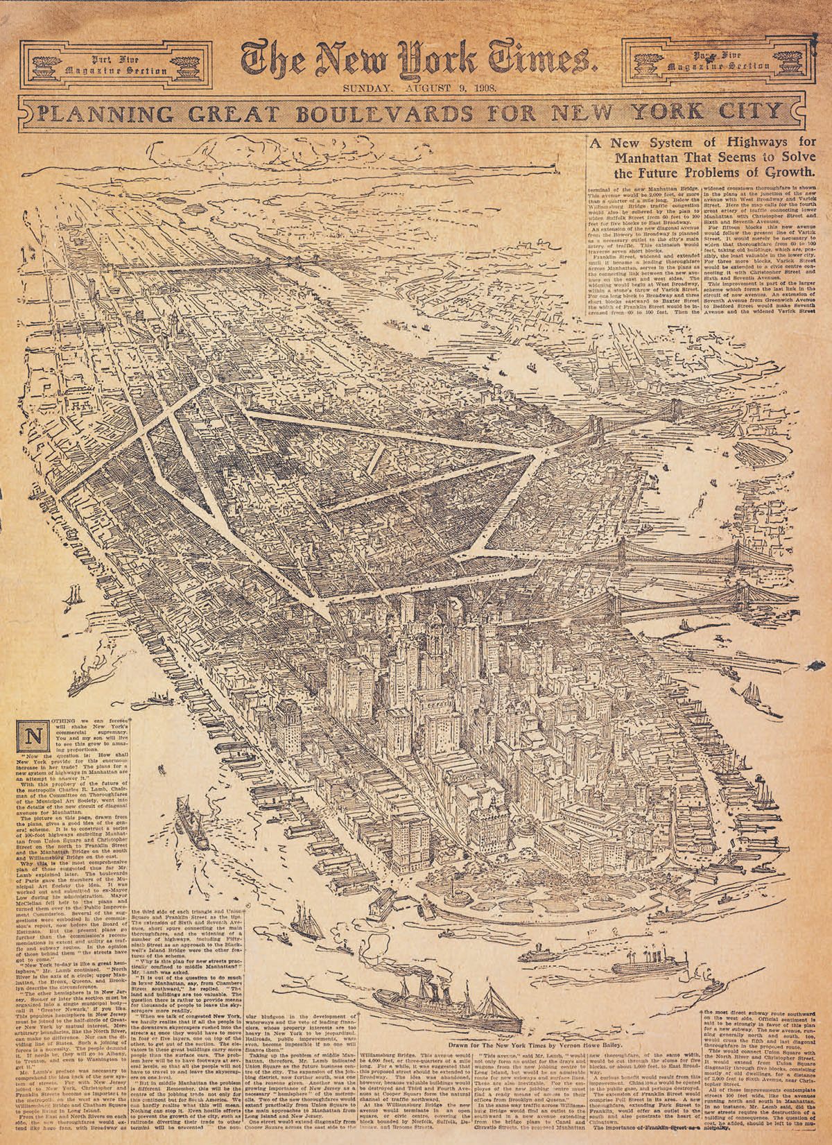 Headlines in the <em>The New York Times</em> from August 8, 1909, praising Charles Rollinson Lamb's plan for diagonal avenues across Manhattan. 