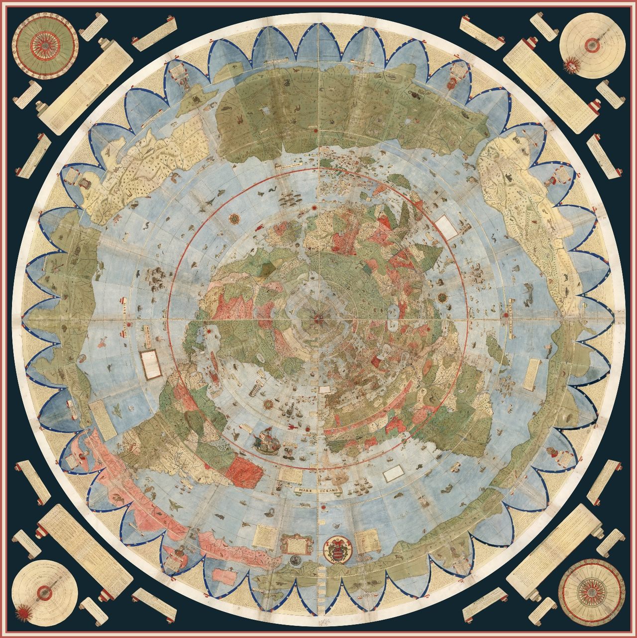The projection, more than nine feet in diameter, is made up of 60 smaller maps, with the North Pole at the center.