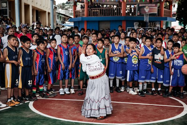 Sofía Robles, the first female mayor of Santa María Tlahuitoltepec, takes a ceremonial opening shot at a local tournament in 2012.
