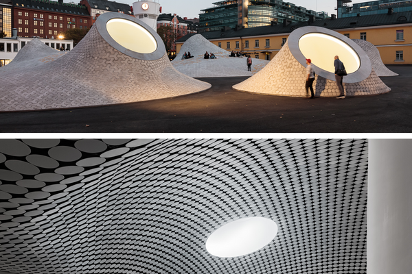 Like stone mushrooms sprouting in a city square (top), skylights for the underground Amos Rex art museum allow natural light to flood exhibit spaces (bottom).