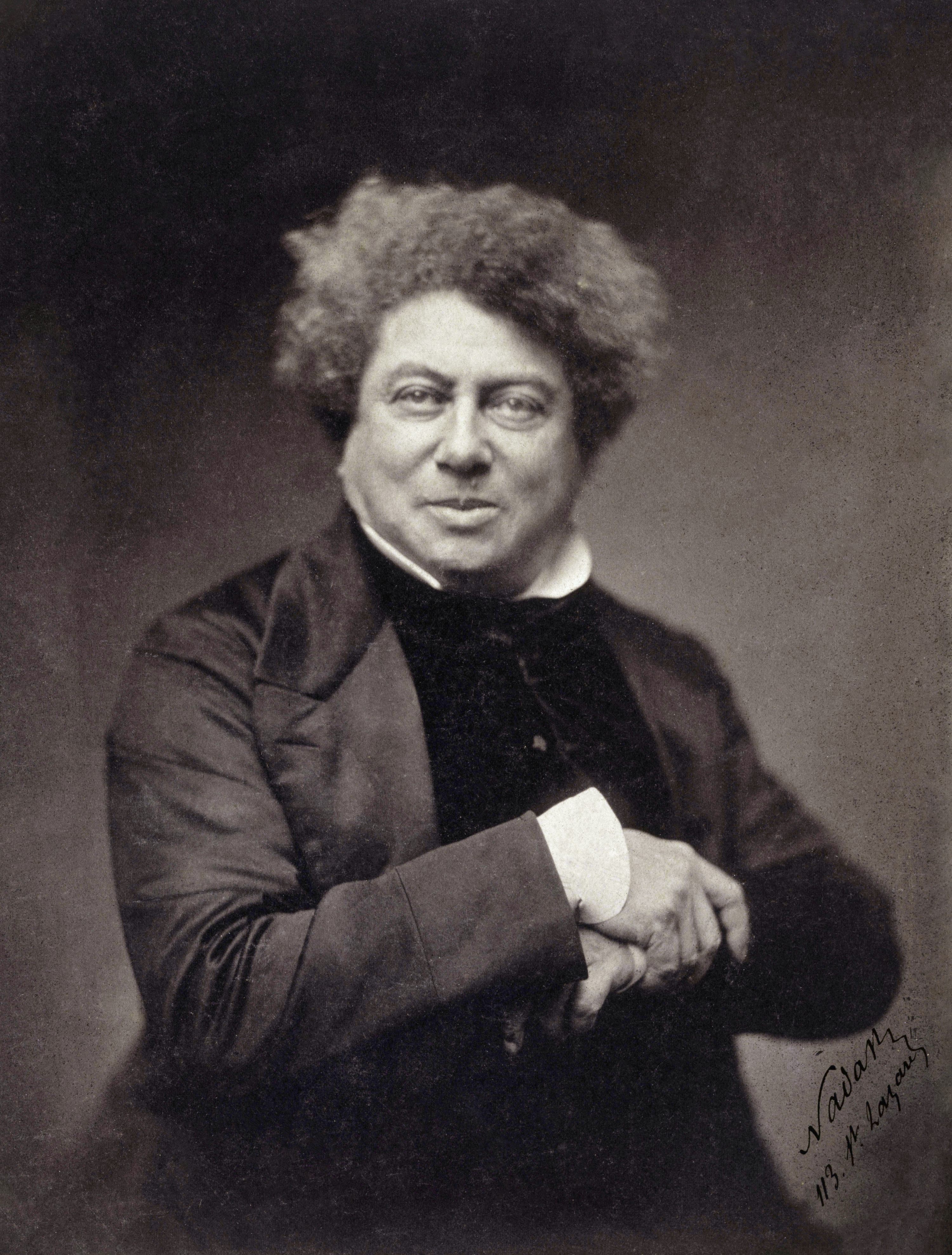 A photograph of Dumas in 1855, by Gaspard-Félix Tournachon, who used the pseudonym Nadar.