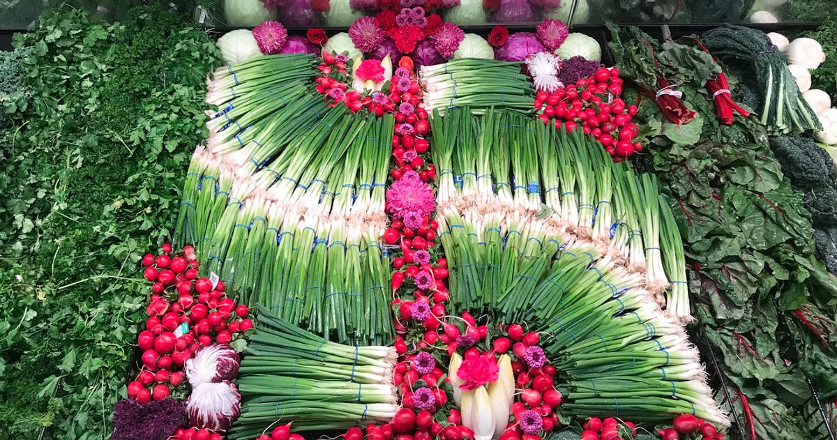 A river of scallions is crossed with a radish bridge.