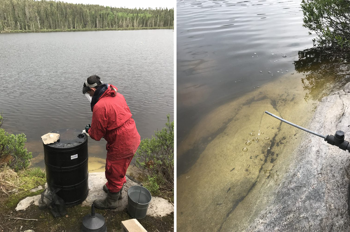 Adding diluted phosphorus into a barrel that will leak slowly into Lake 227 (left). The spout that will release the phosphorus into the lake (right).
