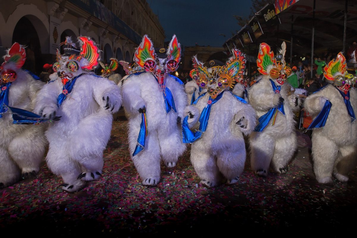 The spectacled bear, or Andean bear or <em>jukumari</em>, is emblematic of Bolivian wildlife. In the Diablada, they represent fertility, pull pranks, and mediate the battle between the angels and the devils. 