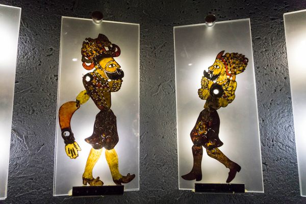 The figures of Karagöz and Hacivat, on display inside Özek's theatre in Istanbul, appear in every shadow theater performance.