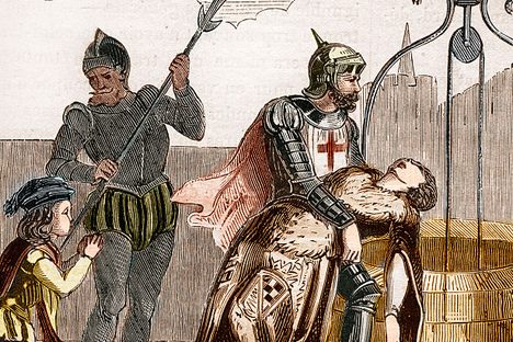 An illustration of Gilles de Rais disposing of a woman's corpse. 