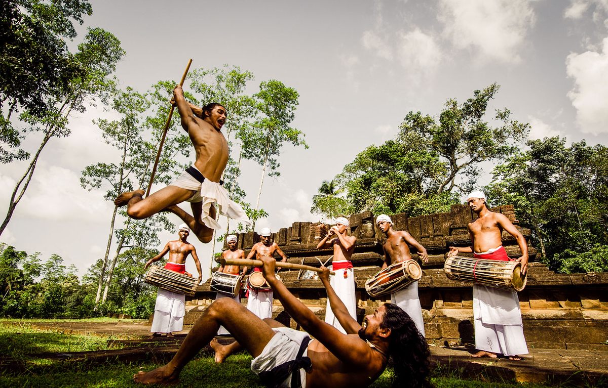 Traditional combat takes place to the rhythm of Sinhala war drums.