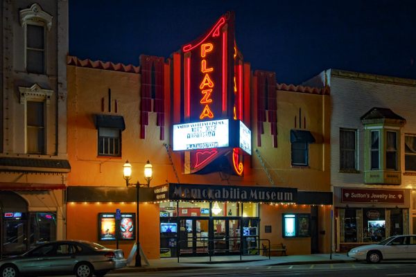 The Plaza Cinema’s neon lighting up the night 